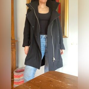 Allsaints wool blend Odetta Parka zip hooded Black Coat asymmetrical